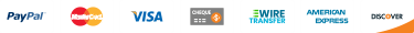 PayPal, Mastercard, Visa, check, wire transfer, American Express and Discover