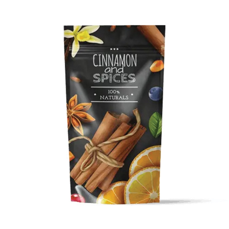 Black stand-up spice pouch printed with cinnamon and citrus