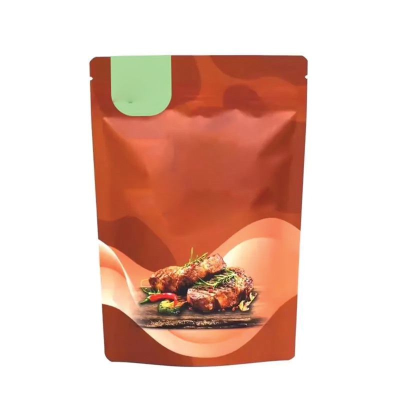 Copper-tone stand-up spice pouch with a printed food photo