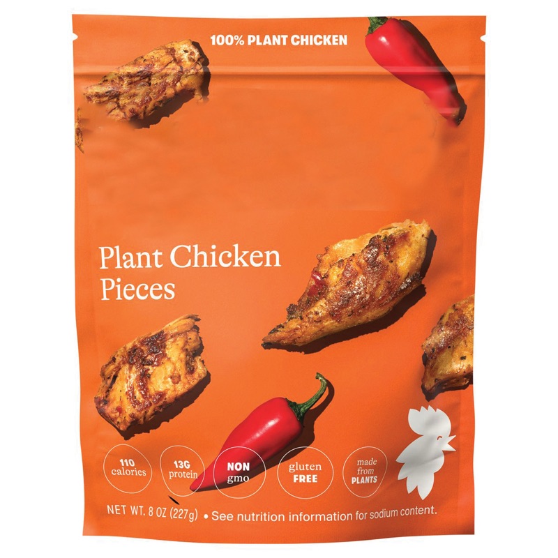 Printed orange stand-up pouch for plant-based chicken jerky