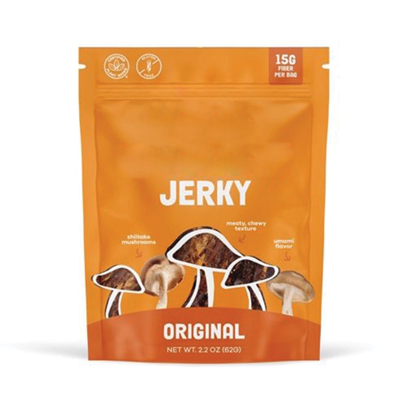 Orange resealable jerky pouch with a mushroom illustration