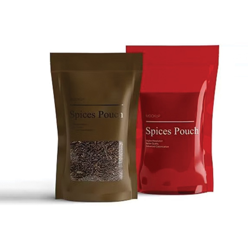 Brown and red stand-up spice pouches with a clear window